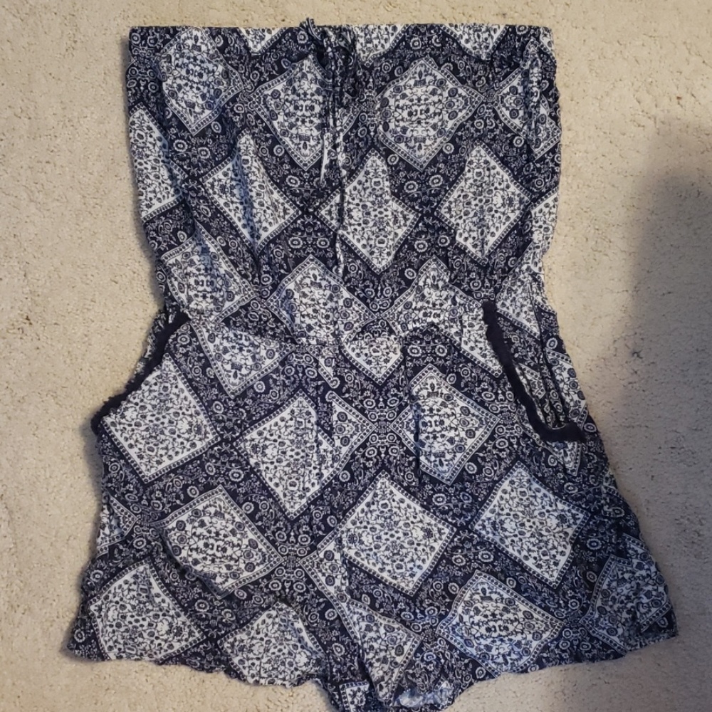 Blue and White Printed Romper